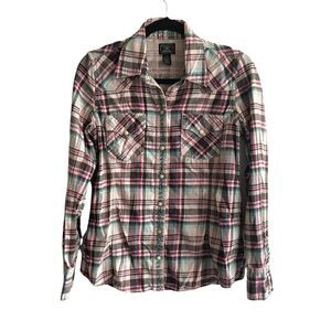 Lucky BRAND Western Cotton Flannel Plaid Button Front Long Sleeve Shirt Blouse S